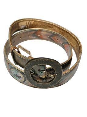 JANE YOO Hand Painted Leather Belt Abstract Art-to-Wear Style Boho Sz M